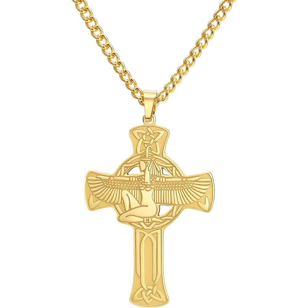 Egyptian Isis Celtic Cross Pendant Necklace Gold Tone Stainless Steel Unisex